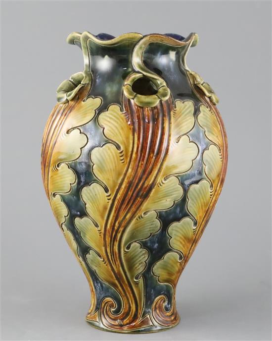 Frank A Butler for Doulton, a hand-built leaf design vase, c.1895, 24cm